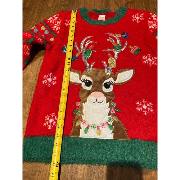 Girls Christmas Sweater L 10-12 Plus Red Reindeer Lights Ugly Xmas Holiday Time - Picture 5 of 7